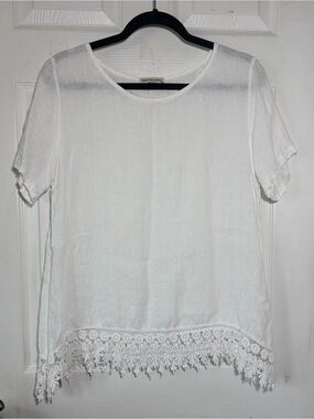 Terzo Millennio Made in Italy Women's White Lace-Hem Short Sleeve Top Sz M
